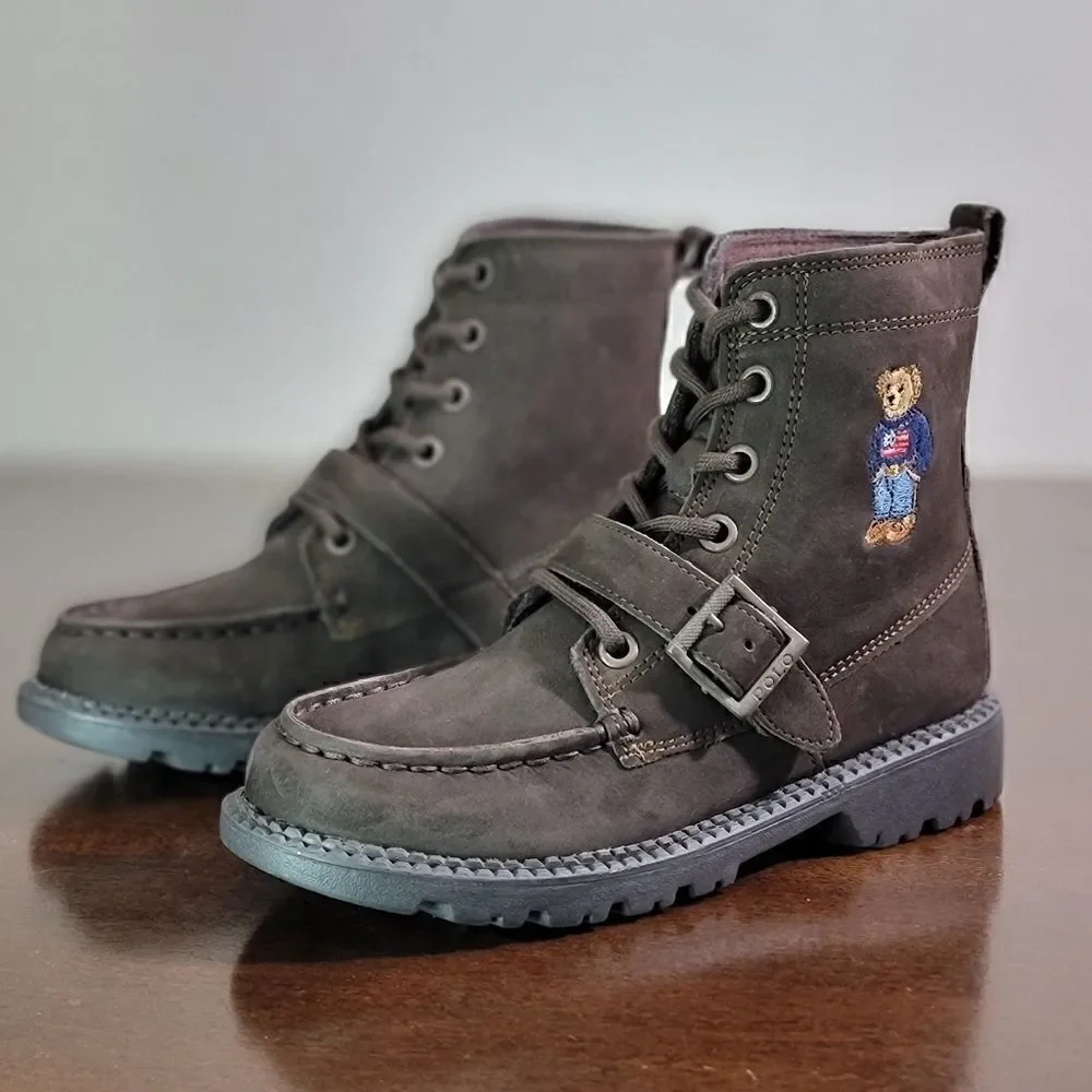Polo Ralph Lauren Bear Leather Suede Brown Ranger Combat Boots Kids Sizes New